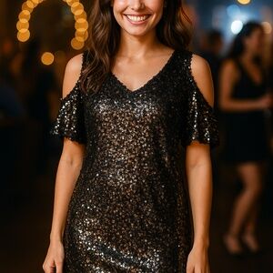 C. Luce Black Sequins Mini Party Dress with Cut Out Sleeves Small